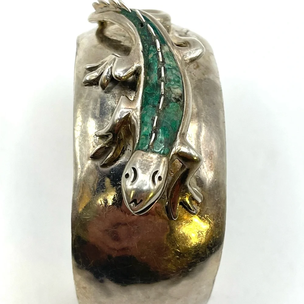 Taxco Sterling Silver Cuff Bracelet with Turquoise Inlaid Lizard 3D 925 Large - Picture 5 of 8